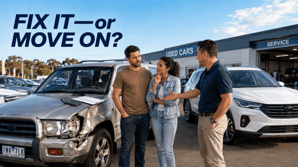 Assessor examining structural damage on an accident-damaged car to work out the repair cost